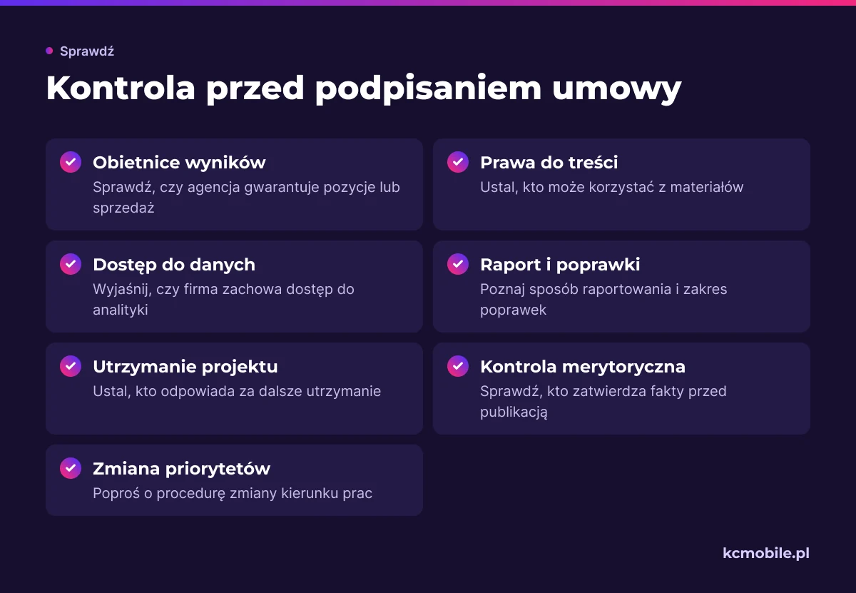 Lista kontrolna zbiera sygnały ostrzegawcze i ustalenia, które warto sprawdzić przed podpisaniem umowy z agencją.