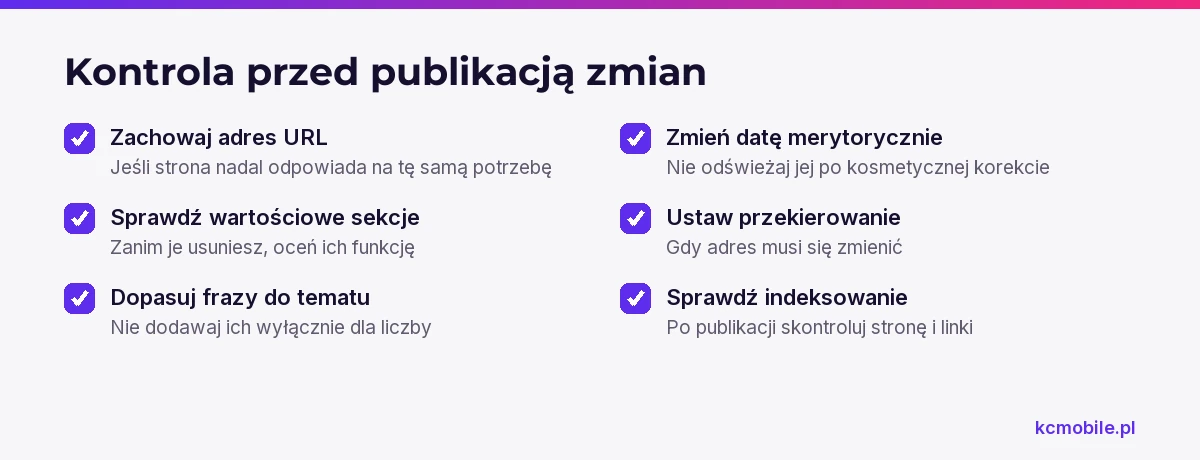 Lista kontrolna przypomina, jak ograniczyć ryzyko spadku widoczności przez ochronę adresu, wartościowych treści i poprawne przekierowania.