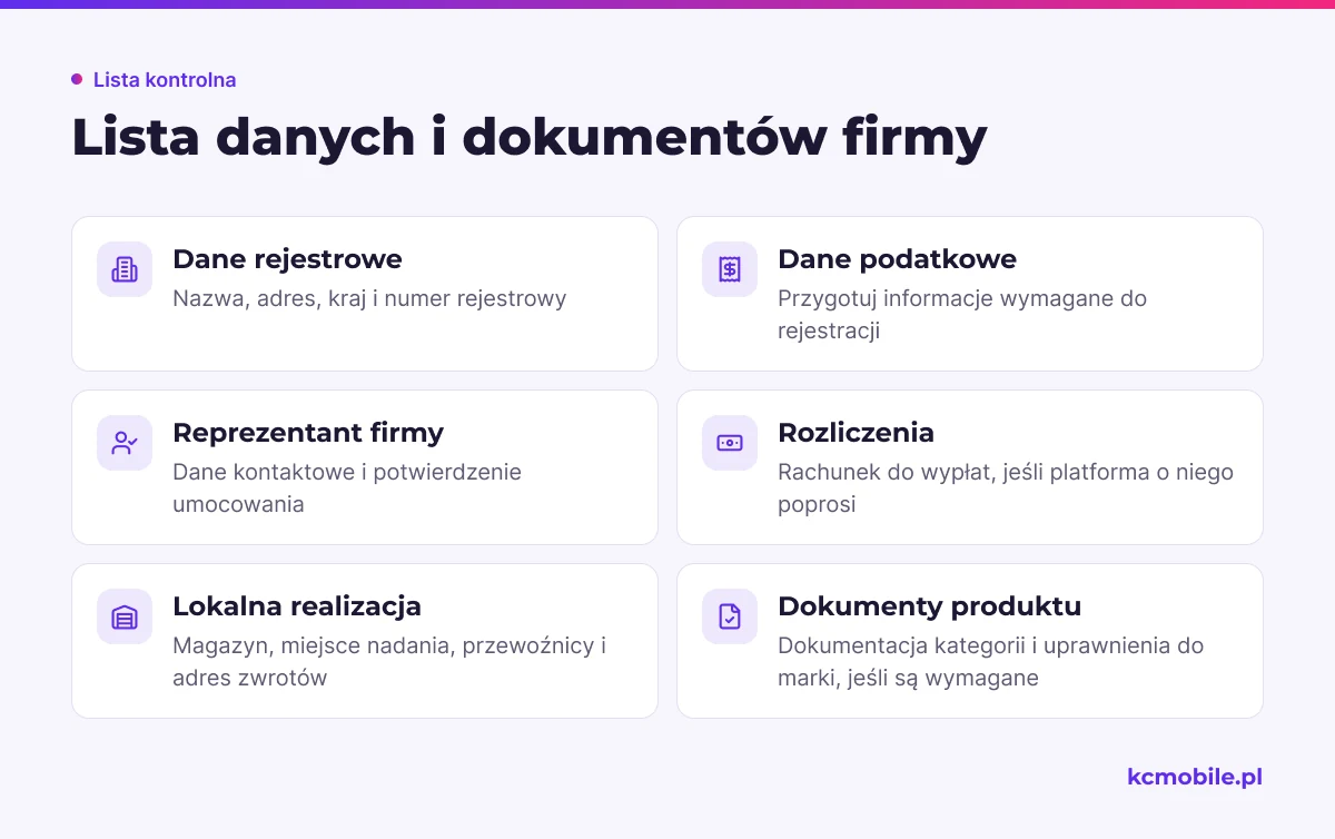Lista porządkuje dane firmy, dokumenty rejestracyjne i informacje o realizacji, które warto przygotować do onboardingu.