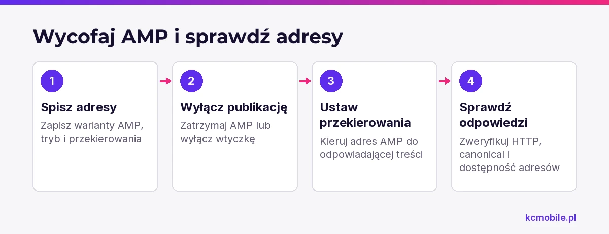 Schemat pokazuje kolejność wycofania AMP i kontroli adresów, aby użytkownicy trafiali do odpowiadających treści standardowych.