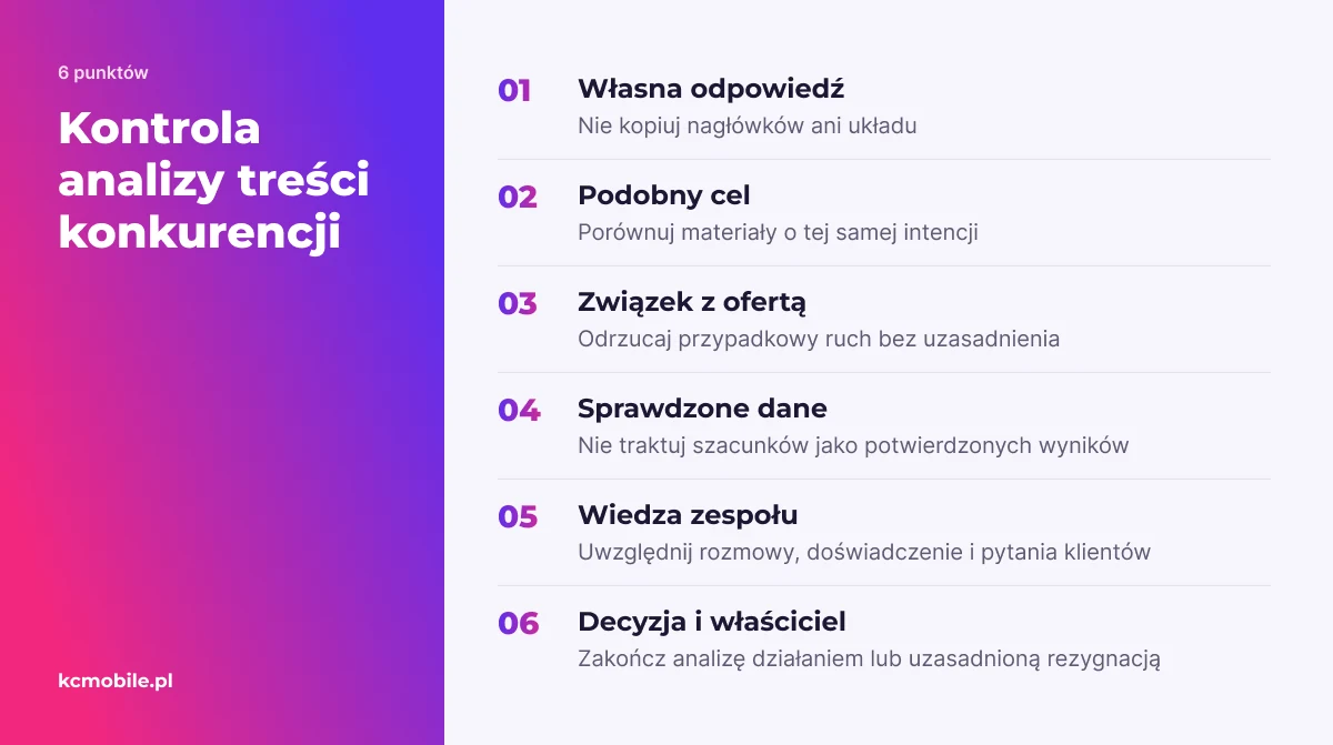 Lista przypomina, jak uniknąć błędów w analizie konkurencji: od kopiowania i złych porównań po pominięcie danych, wiedzy zespołu oraz decyzji.