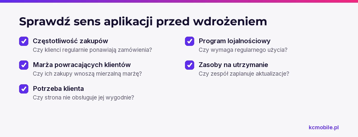 Lista kryteriów pozwala ocenić, czy aplikacja odpowiada na potrzeby powracających klientów i czy sklep ma zasoby, by ją utrzymywać.