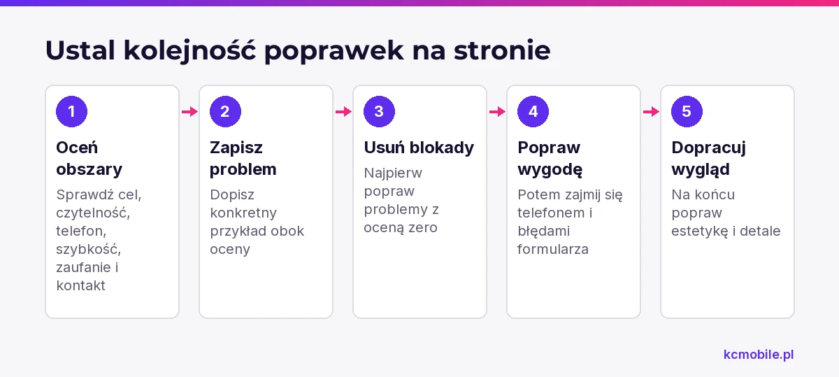 Kolejność audytu wskazuje, jak przejść od oceny podstrony do naprawy blokad, utrudnień i szczegółów wizualnych.