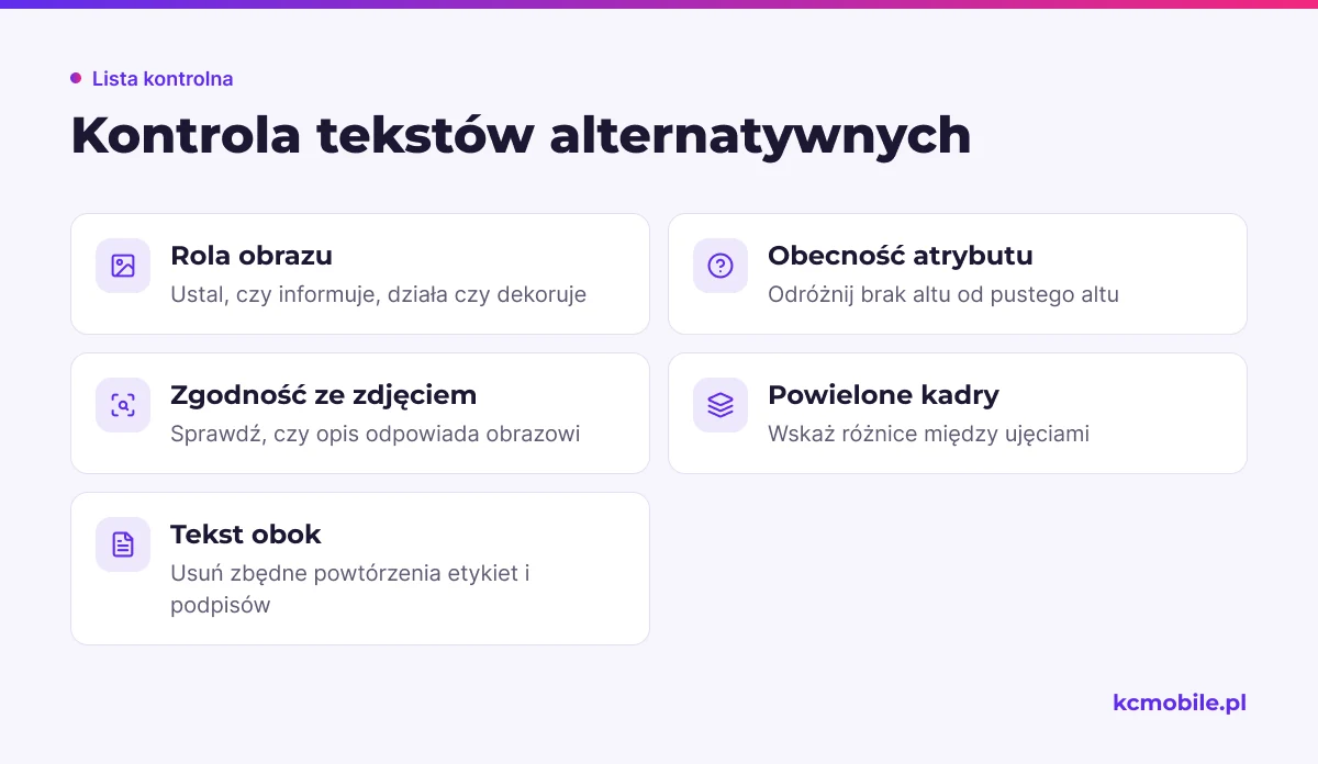 Lista porządkuje kontrolę altów na stronie i pomaga ustalić, które opisy poprawić, a które pusty alt pozostawić.