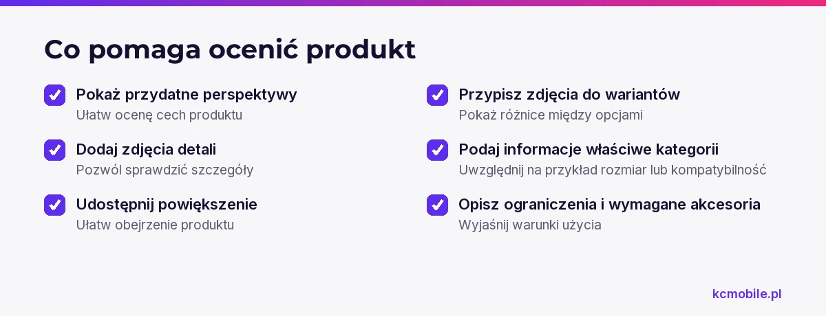 Lista przypomina, jakie zdjęcia i informacje na karcie produktu pomagają kupującemu ocenić cechy, warianty oraz warunki użycia.