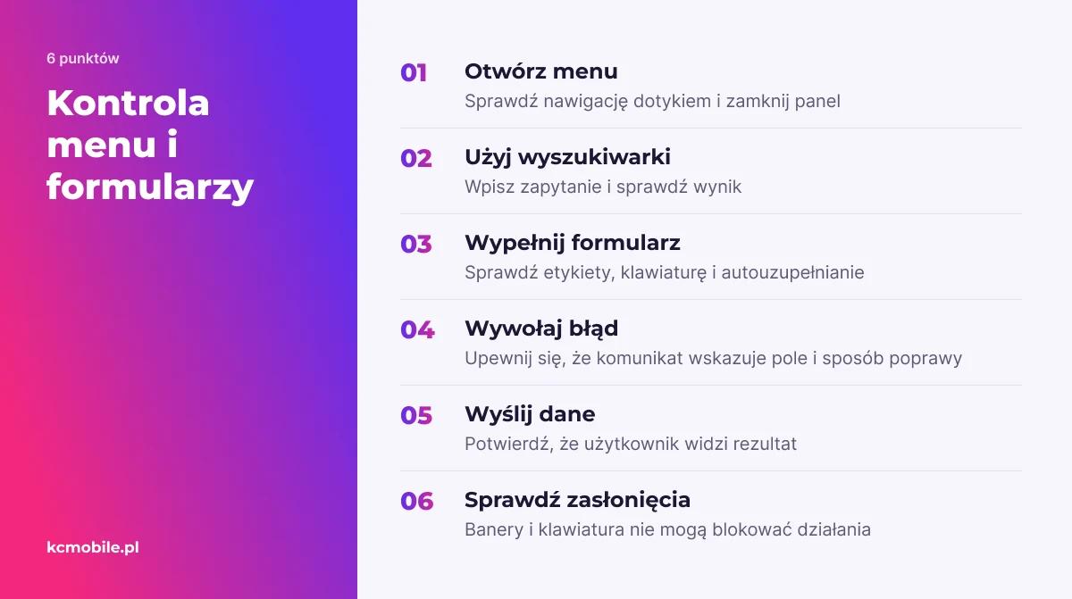 Lista pomaga przejść przez menu i formularz na telefonie, aby wykryć bariery utrudniające nawigację lub wysłanie danych.