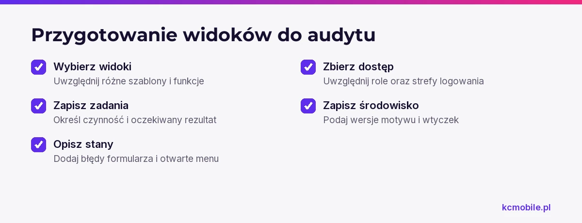 Lista przygotowań porządkuje widoki, zadania, stany i dostęp potrzebne do odtworzenia audytu WCAG WordPress.