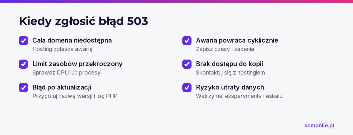 Lista kontrolna pomaga rozpoznać, kiedy eskalować błąd 503, komu zgłosić problem i jakie sygnały przygotować.