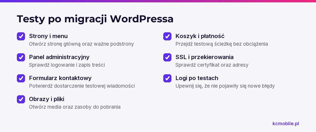 Lista kontrolna obejmuje strony, panel, formularze, media, sklep, SSL i logi, by potwierdzić działanie kluczowych funkcji po migracji.