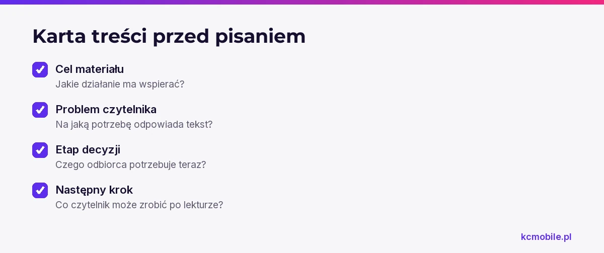 Lista kontrolna pomaga określić cel, odbiorcę i dalsze działanie przed pisaniem, aby treść odpowiadała realnej potrzebie.