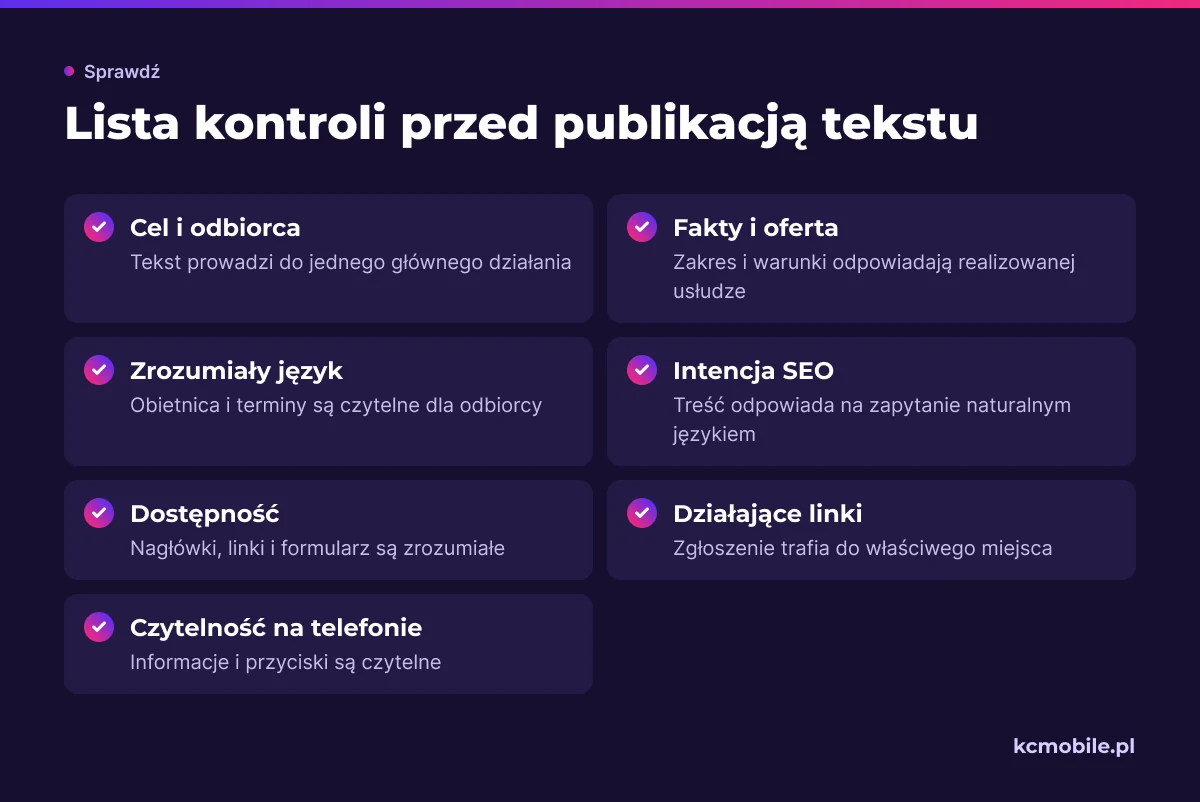 Lista porządkuje kontrolę celu, faktów, języka, SEO, dostępności i działania formularza, by sprawdzić tekst przed publikacją.