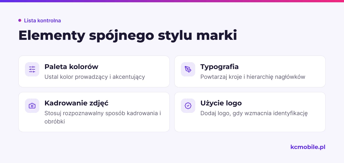 Lista porządkuje powtarzalne cechy wizualne marki, które pomagają odbiorcy rozpoznać jej grafiki bez czytania nazwy.