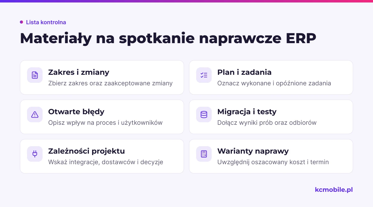 Lista porządkuje materiały do przeglądu projektu ERP, by spotkanie kończyło się decyzją o zakresie, właścicielach i warunkach wznowienia.