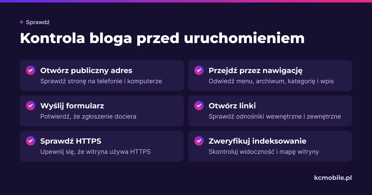 Lista kontrolna prowadzi przez sprawdzenie bloga na publicznym adresie, aby przed uruchomieniem znaleźć problemy z nawigacją, formularzem i indeksowaniem.