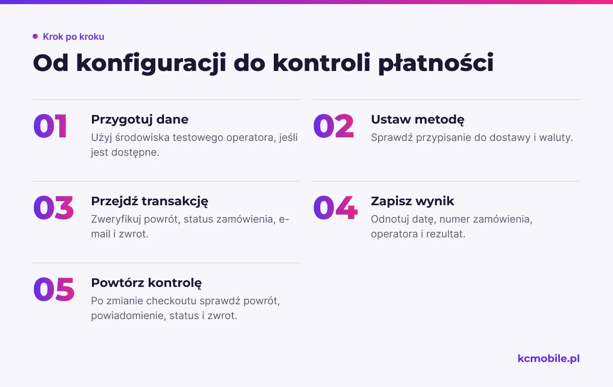 Schemat prowadzi przez przygotowanie i test płatności aż do zapisania wyniku, aby potwierdzić poprawny przebieg zamówienia.