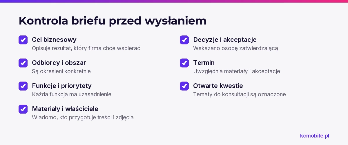 Lista kontrolna pomaga sprawdzić cel, priorytety, materiały, decyzje i termin, zanim brief trafi do wykonawcy.