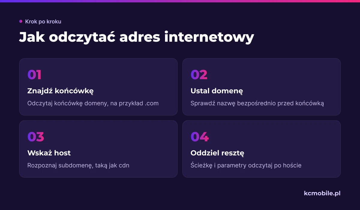 Schemat rozkłada adres na końcówkę, domenę, subdomenę, ścieżkę i parametry, pomagając ustalić, który host kontroluje adres.