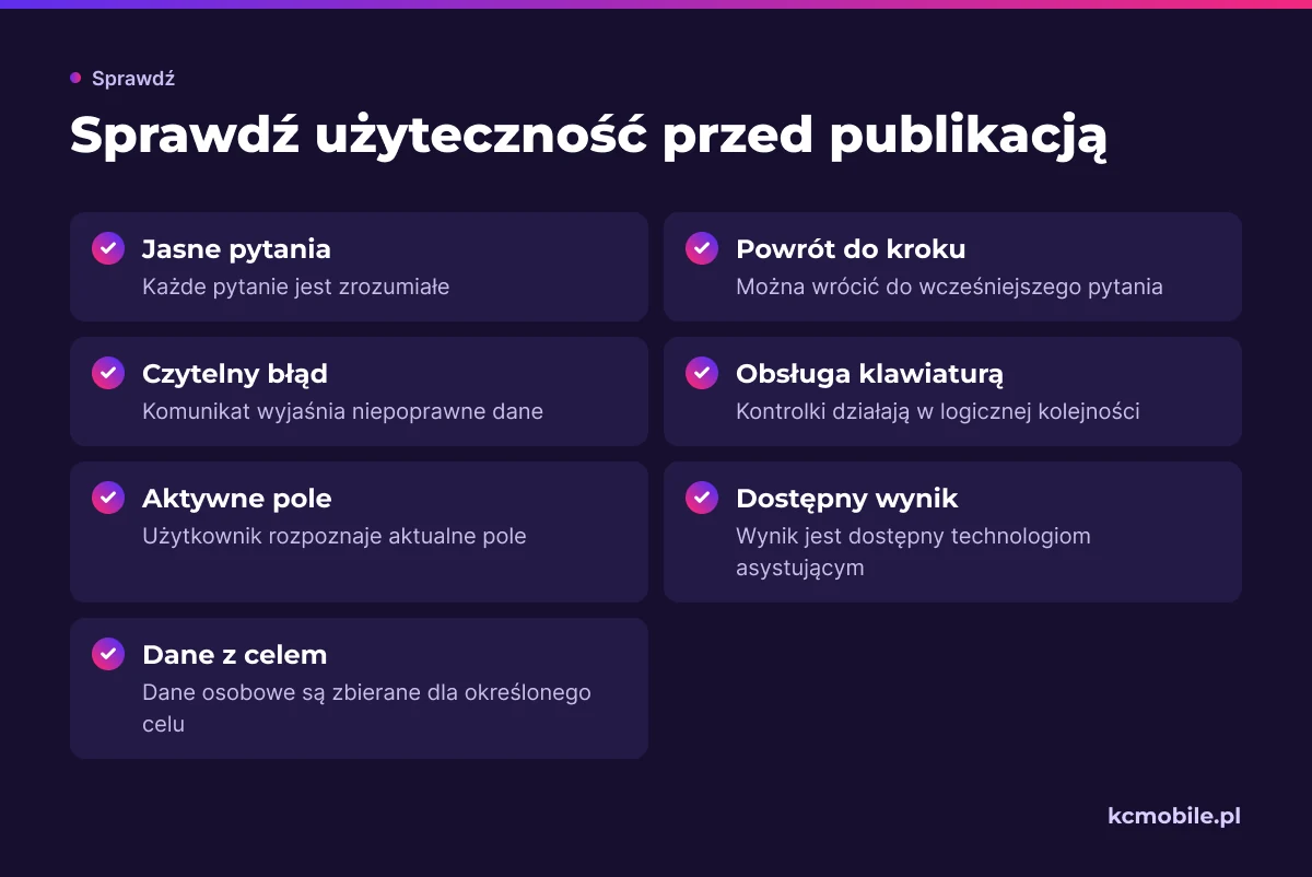 Lista zbiera kontrole pytań, błędów, klawiatury, dostępności wyniku i zasad zbierania danych przed publikacją.