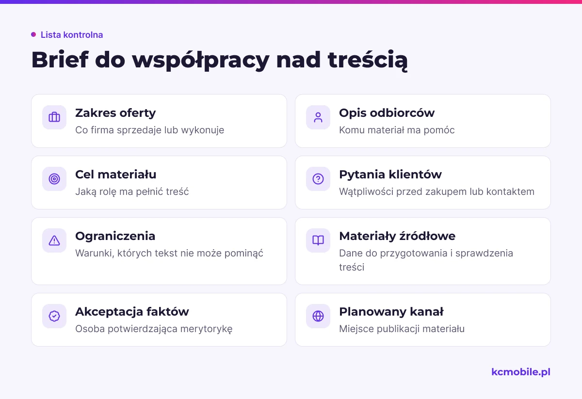 Lista kontrolna porządkuje informacje potrzebne przed rozpoczęciem pracy copywritera i planowaniem publikacji.