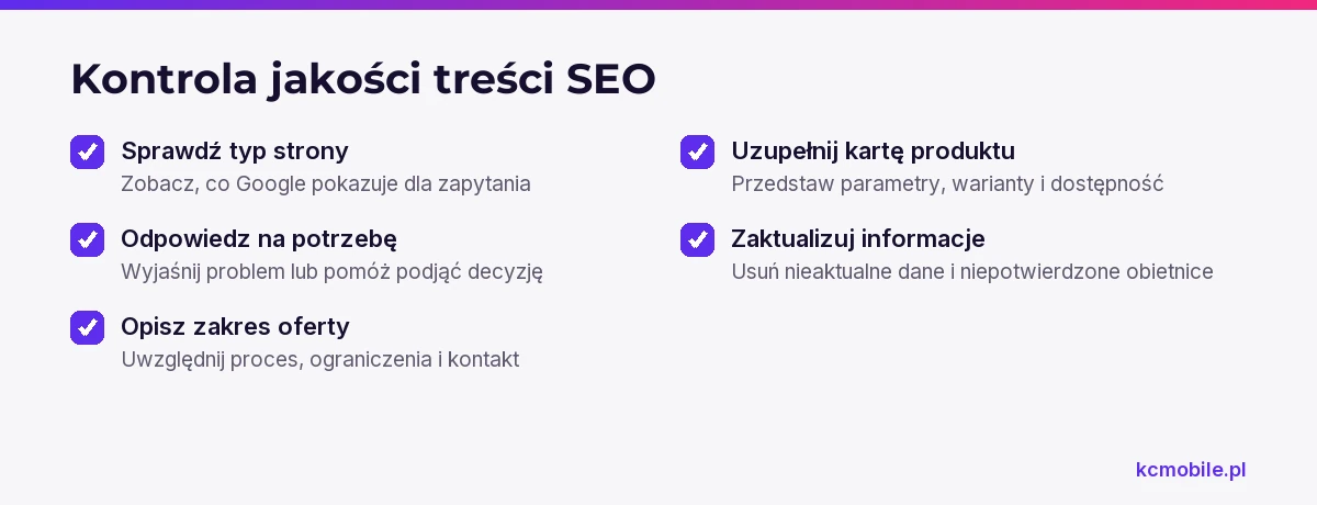 Lista pomaga ocenić, czy treść odpowiada na potrzebę użytkownika i dostarcza informacji potrzebnych do decyzji lub zakupu.