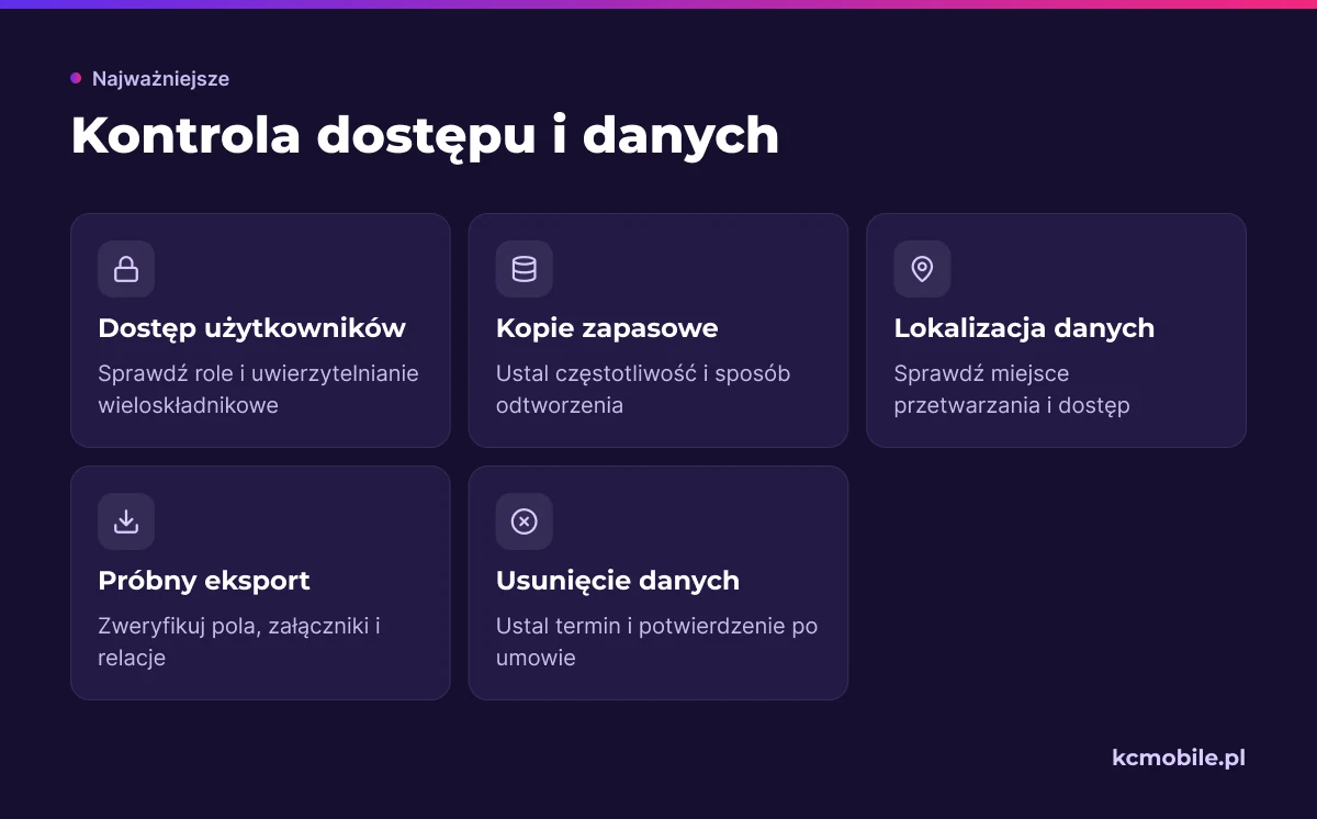 Lista kontrolna pomaga sprawdzić dostęp, kopie, lokalizację, eksport i usuwanie danych przed wyborem usługi SaaS.