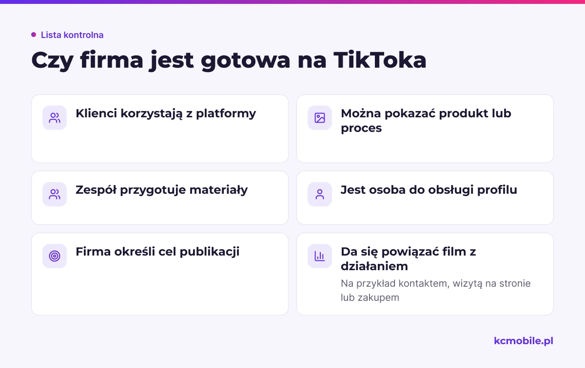Lista kontrolna pokazuje warunki gotowości firmy do prowadzenia TikToka i pomaga ocenić, czy warto zacząć od testu.
