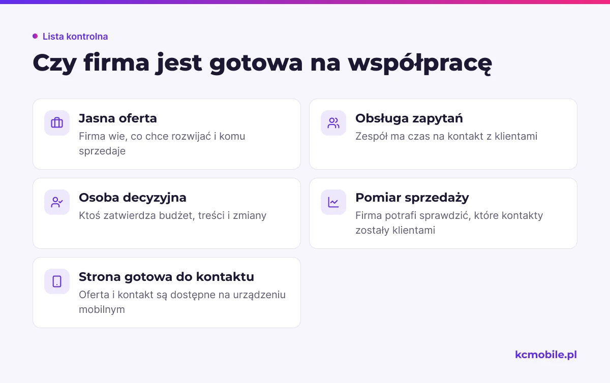 Lista pomaga firmie sprawdzić, czy ma ofertę, obsługę zapytań, decyzyjność, pomiar i stronę gotową do współpracy.