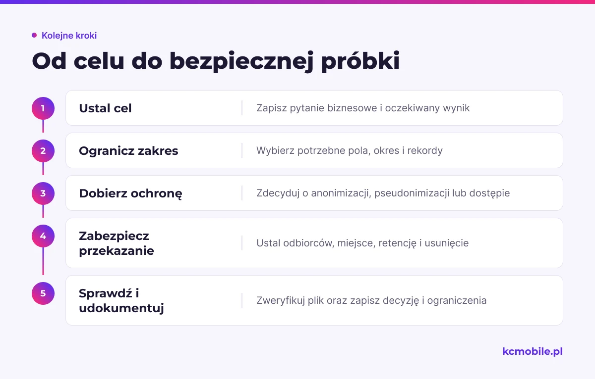 Schemat prowadzi od określenia celu przez ograniczenie i zabezpieczenie próbki do jej weryfikacji, by ułatwić przygotowanie danych do analizy.