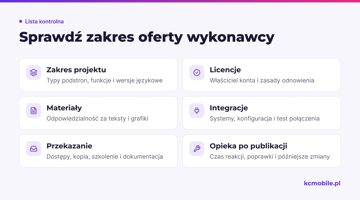 Lista kontrolna pomaga porównać oferty wykonawców według zakresu, odpowiedzialności, przekazania strony i późniejszej opieki.