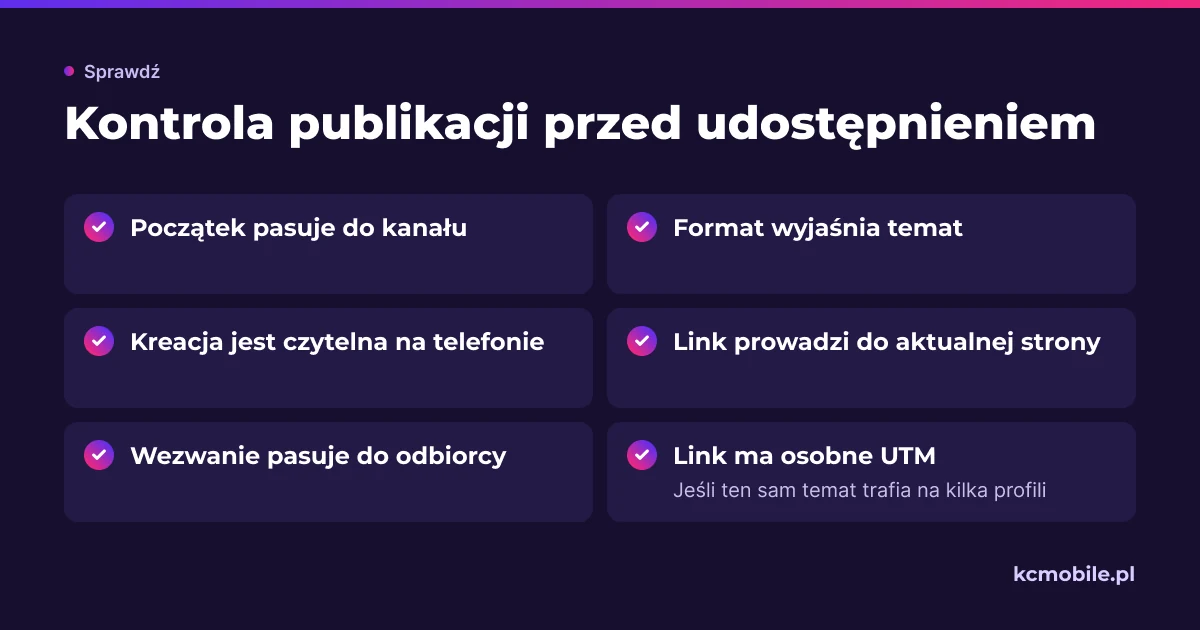 Lista pozwala sprawdzić dopasowanie formatu, czytelność, link i wezwanie przed publikacją, aby treść prowadziła odbiorcę dalej.