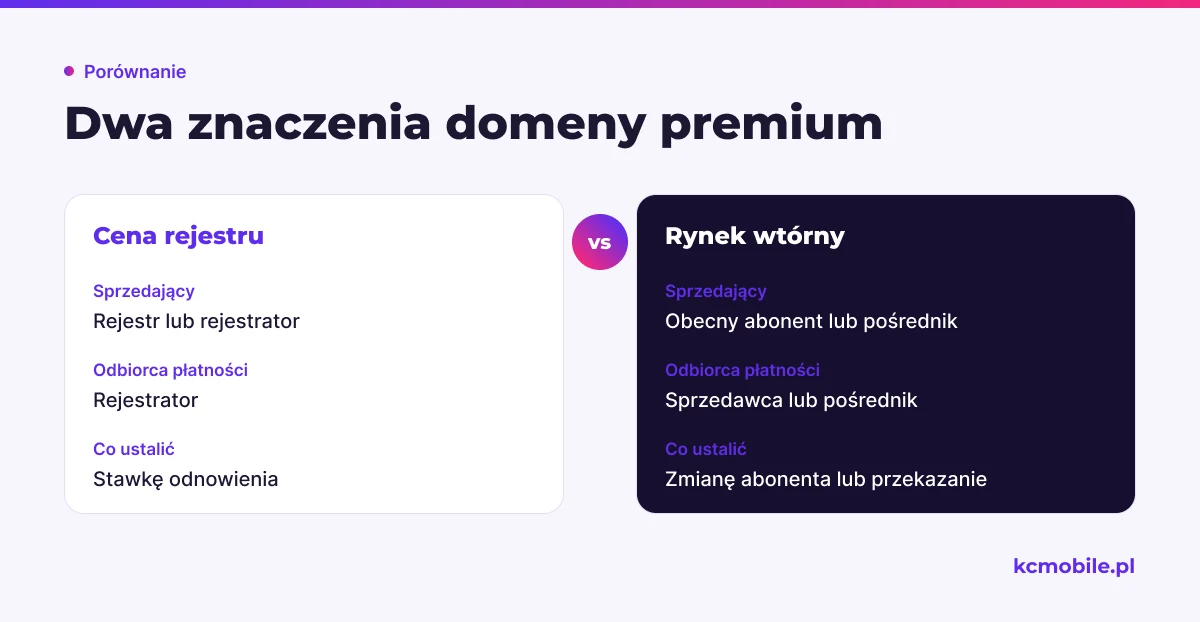 Schemat porównuje dwa znaczenia domeny premium, pokazując kto sprzedaje adres i co ustalić przed płatnością.