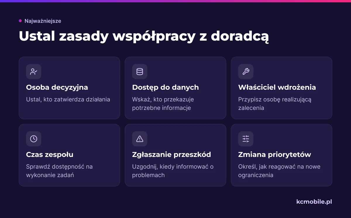 Lista pokazuje zasady do ustalenia przed współpracą, aby decyzje, dane i wdrażanie zaleceń nie zatrzymały planu.