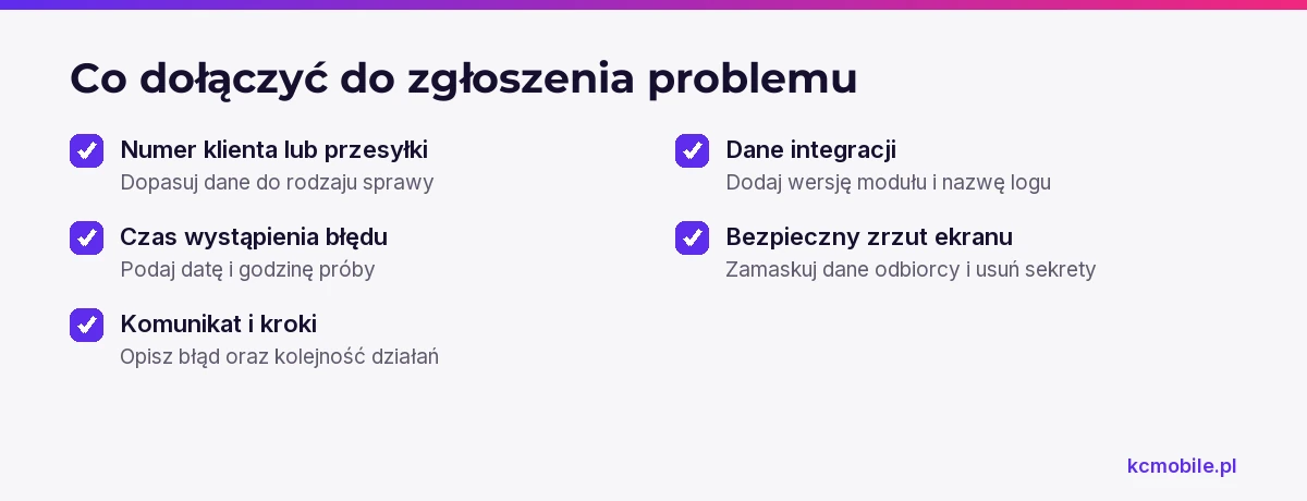 Lista porządkuje informacje potrzebne do zgłoszenia problemu DPD, by ułatwić odtworzenie błędu i przyspieszyć diagnozę.