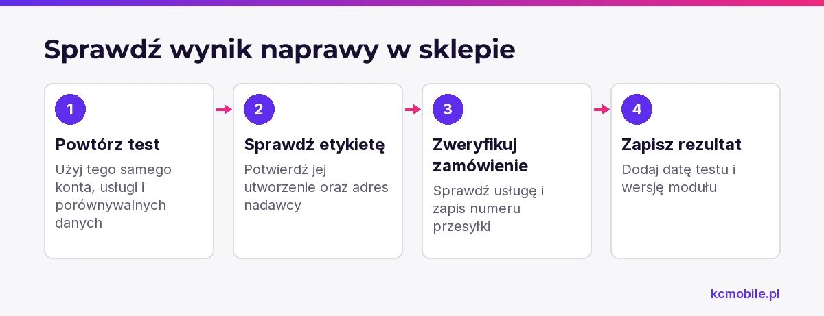 Schemat pokazuje kolejność kontroli po naprawie integracji DPD, aby potwierdzić poprawne utworzenie i zapis przesyłki.