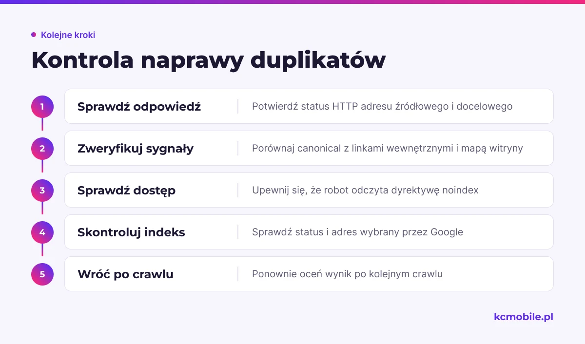 Schemat pokazuje kolejność kontroli technicznej po naprawie duplikatów, od odpowiedzi adresów po ponowną ocenę indeksowania.