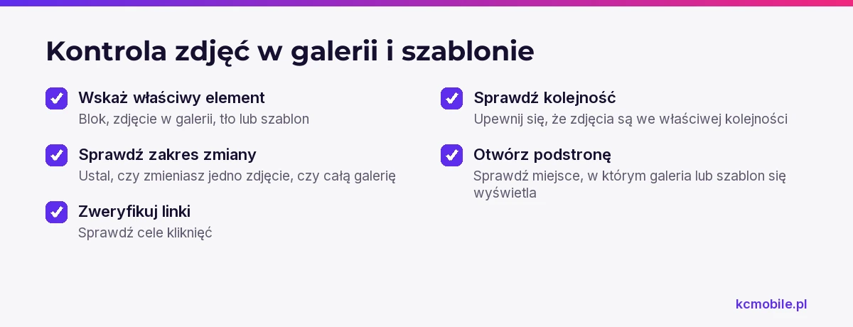 Lista kontroli pomaga ustalić, który element galerii lub szablonu edytować, i sprawdzić efekt na właściwej podstronie.