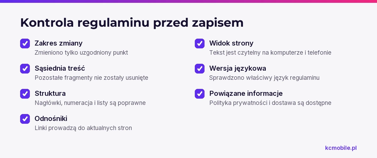 Lista kontrolna pomaga sprawdzić zakres, formatowanie, linki i widok regulaminu przed zapisaniem zmian w WordPressie.