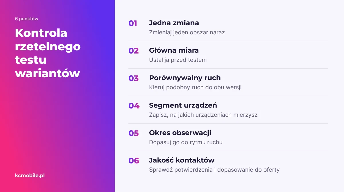 Lista pomaga sprawdzić, czy test wariantów uwzględnia jedną zmianę, porównywalny ruch, właściwą miarę i jakość kontaktów.