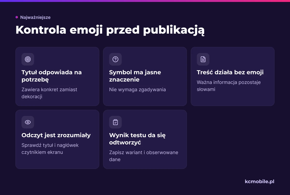 Lista pomaga sprawdzić czytelność, dostępność i sens emoji przed publikacją, zanim symbol trafi do treści SEO.