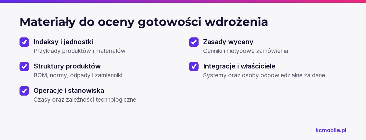 Lista zbiera dane i odpowiedzialności potrzebne przed rozmową z dostawcą ERP, aby ocenić przygotowanie firmy do wdrożenia.