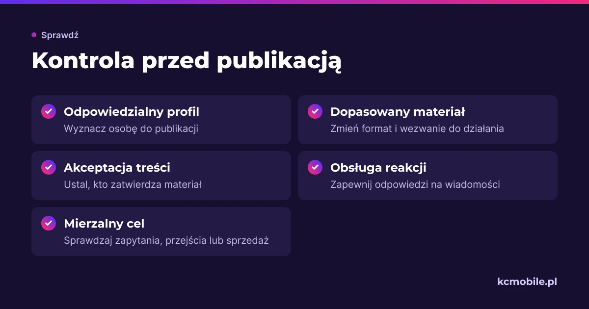 Lista kontroli przed publikacją przypomina o dopasowaniu treści, odpowiedzialności za profil i mierzeniu efektów dla firmy.