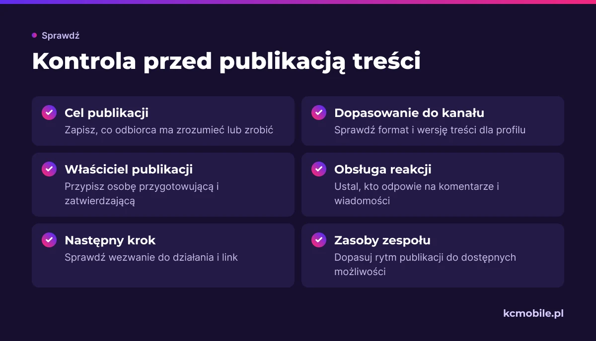 Lista kontrolna przypomina, co ustalić przed publikacją na Facebooku lub Instagramie, aby treść miała cel i obsłużone reakcje.