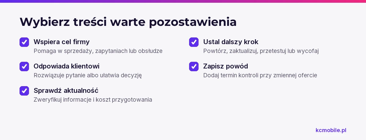 Lista kryteriów pomaga zdecydować, które posty zostawić, zaktualizować, przetestować lub wycofać.