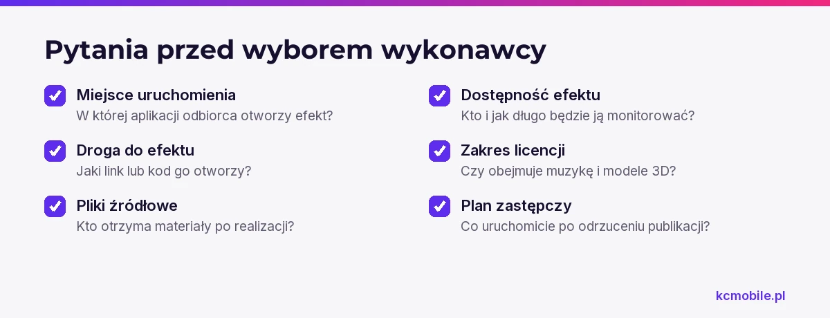 Lista pytań pomaga sprawdzić platformę, dostęp, prawa do materiałów i plan zastępczy przed wyborem wykonawcy efektu.