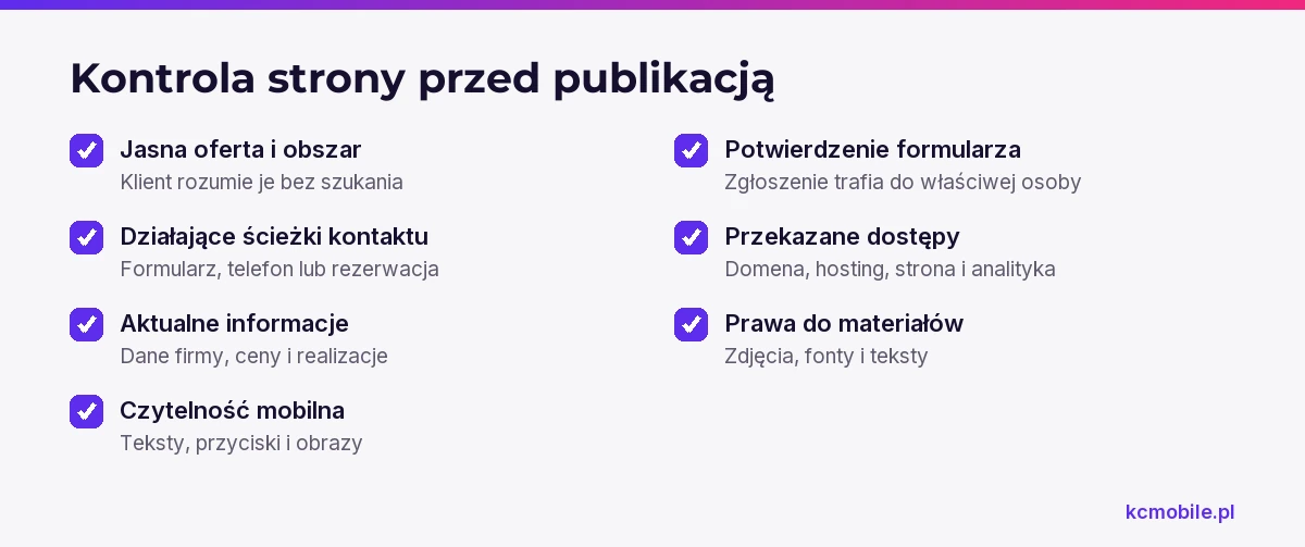 Lista kontrolna obejmuje ofertę, kontakt, informacje, wersję mobilną, formularz, dostępy i prawa do materiałów przed publikacją.