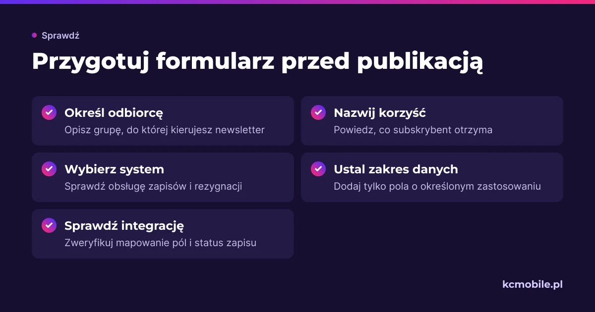 Lista kontrolna przedstawia decyzje do podjęcia przed publikacją formularza, aby obietnica, dane i system zapisu były ze sobą zgodne.