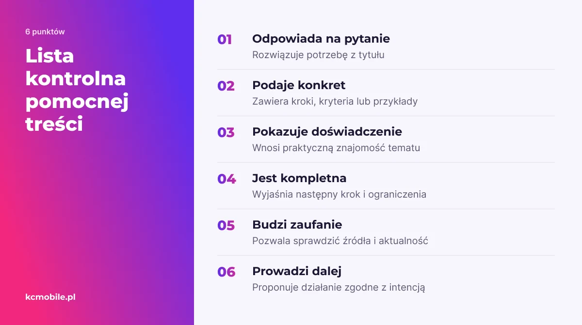 Lista kontrolna pomaga ocenić, czy treść odpowiada na potrzebę, wnosi konkret i prowadzi czytelnika do użytecznego działania.