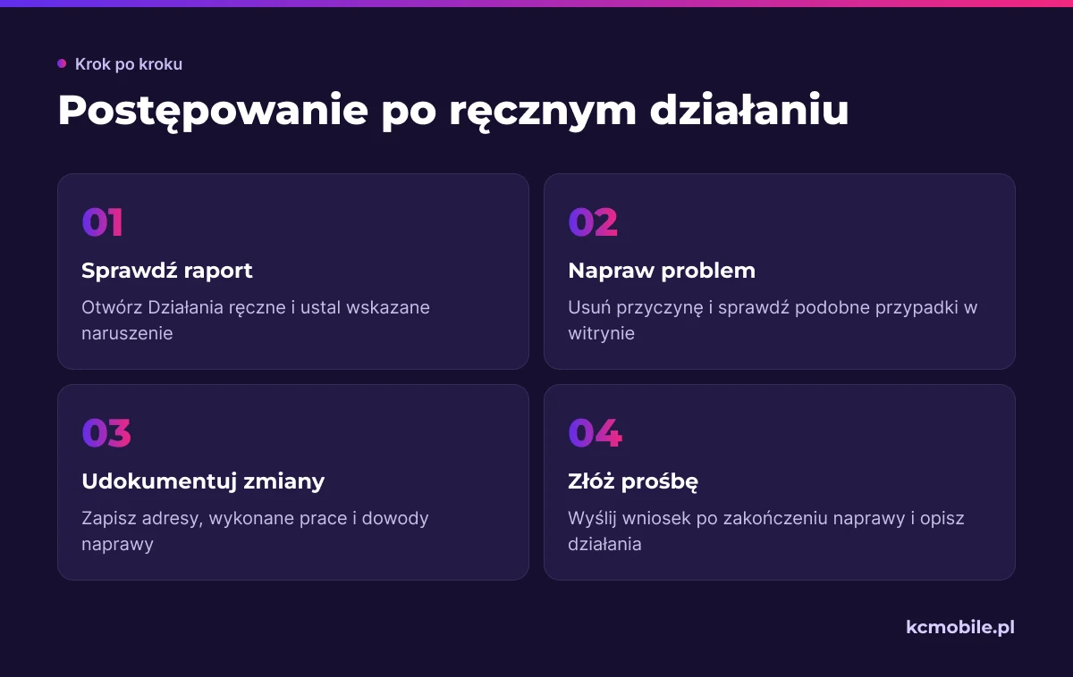 Schemat porządkuje działania po ręcznym działaniu Google, od sprawdzenia raportu po udokumentowaną prośbę o ponowne rozpatrzenie.