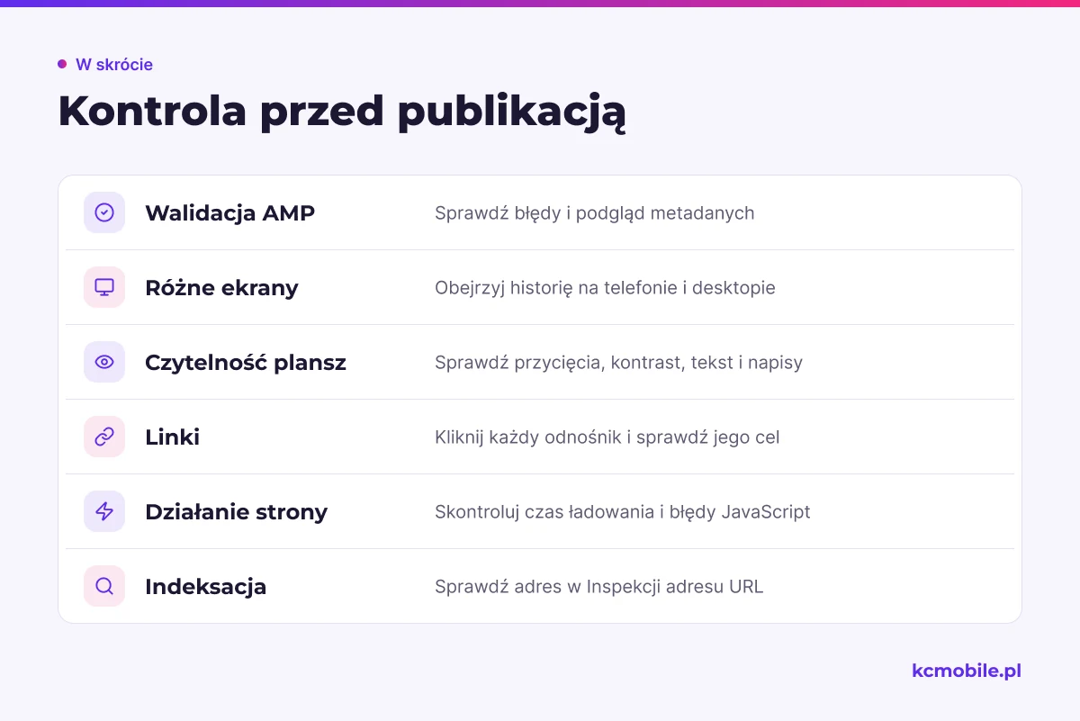 Lista porządkuje kontrolę Web Story przed publikacją: od walidacji i czytelności plansz po linki oraz indeksowalność.