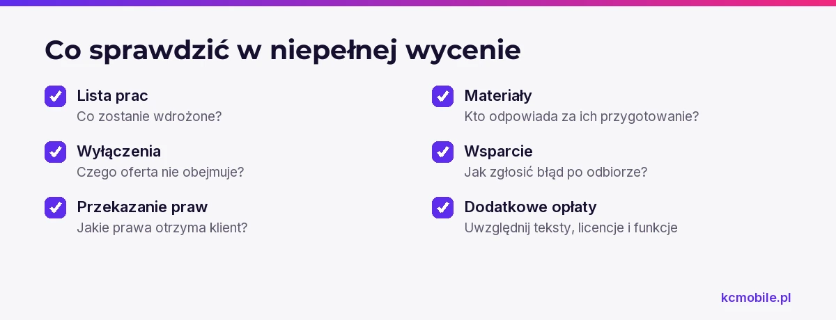 Lista pytań pomaga wykryć brakujące informacje o pracach, prawach, materiałach, wsparciu i opłatach przed zaakceptowaniem wyceny.